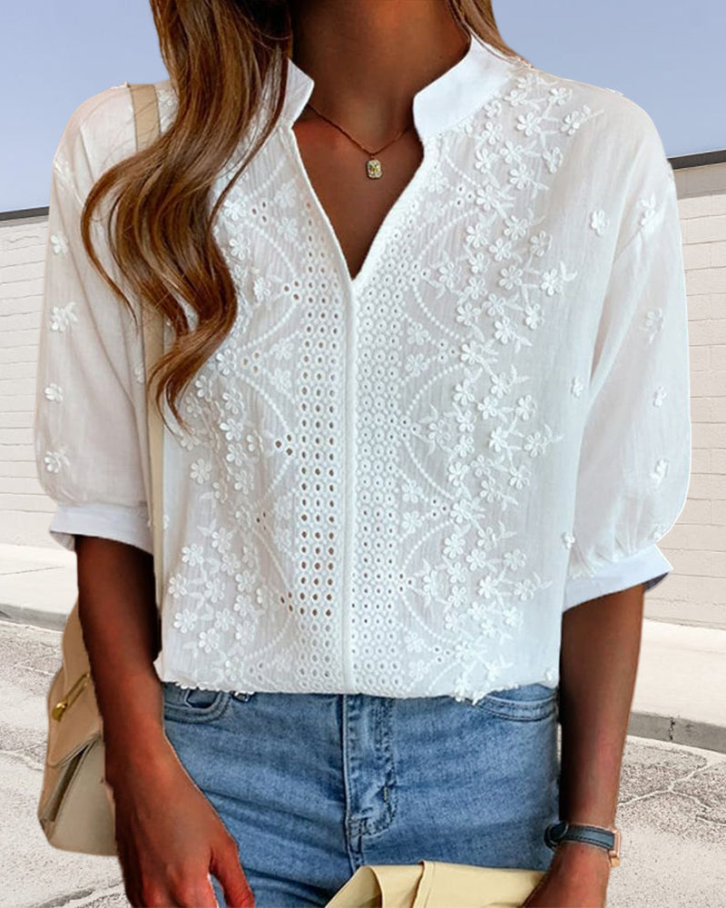Women's white V-neck blouse with puff sleeves and patchwork detail, cotton-lace blend