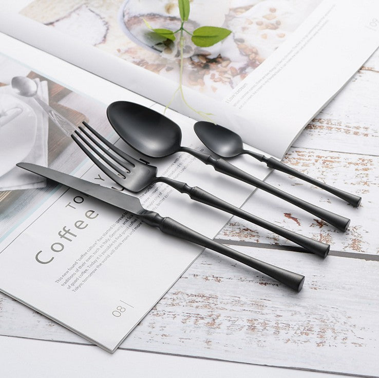 24-piece stainless steel cutlery set with polished finish, dishwasher safe