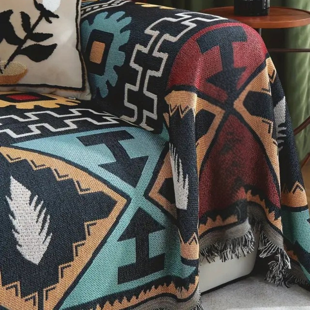 Aztec geometric pattern sofa cover boho tassel microfiber