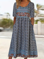 Women's boho printed square neck short sleeve midi dress in multicolor pattern