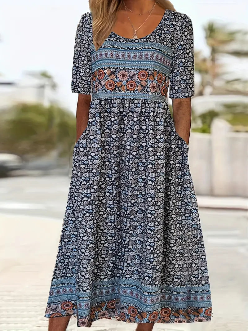 Women's boho printed square neck short sleeve midi dress in multicolor pattern