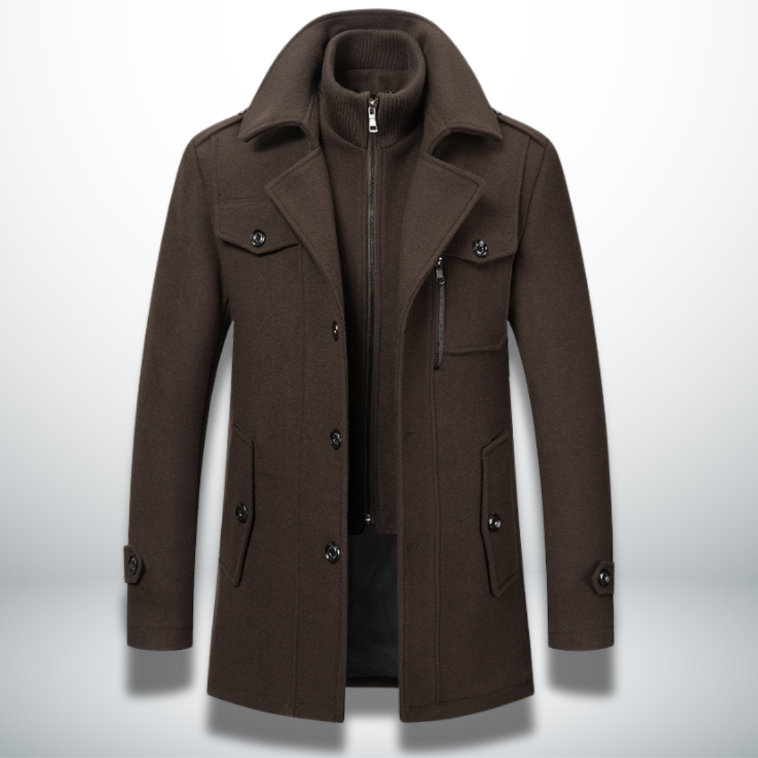 Men double breasted overcoat mid-length with zip-in bib and notch lapel