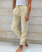 Women's casual trousers with elasticated waist, available in 6 colours including khaki, black and grey