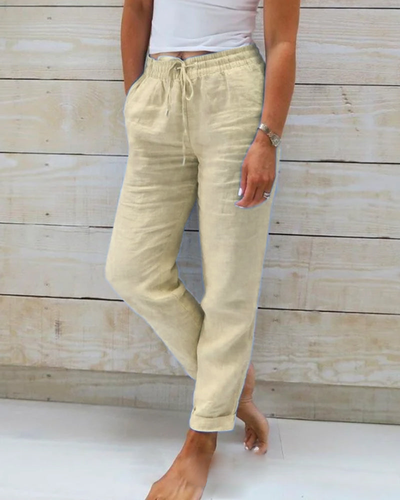 Women's casual trousers with elasticated waist, available in 6 colours including khaki, black and grey
