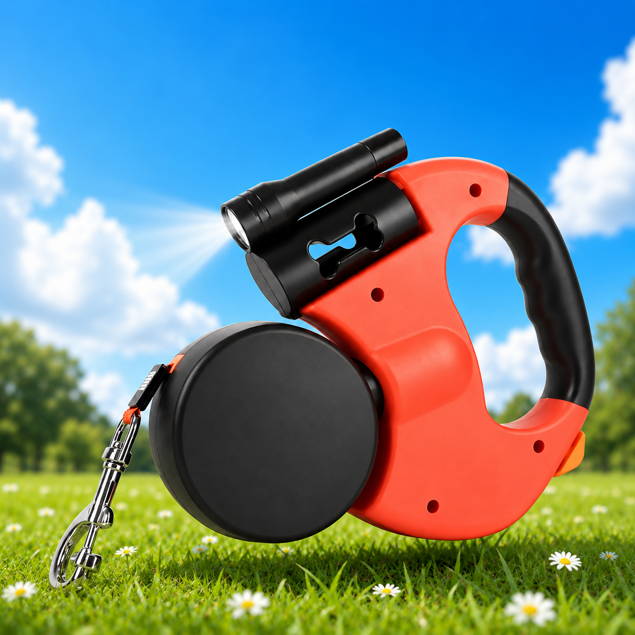 Dual retractable dog leash 10FT with built-in flashlight and tangle-free 360° rotation