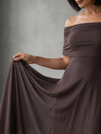 Women off shoulder draped midi dress with sheer overlay and flowing skirt