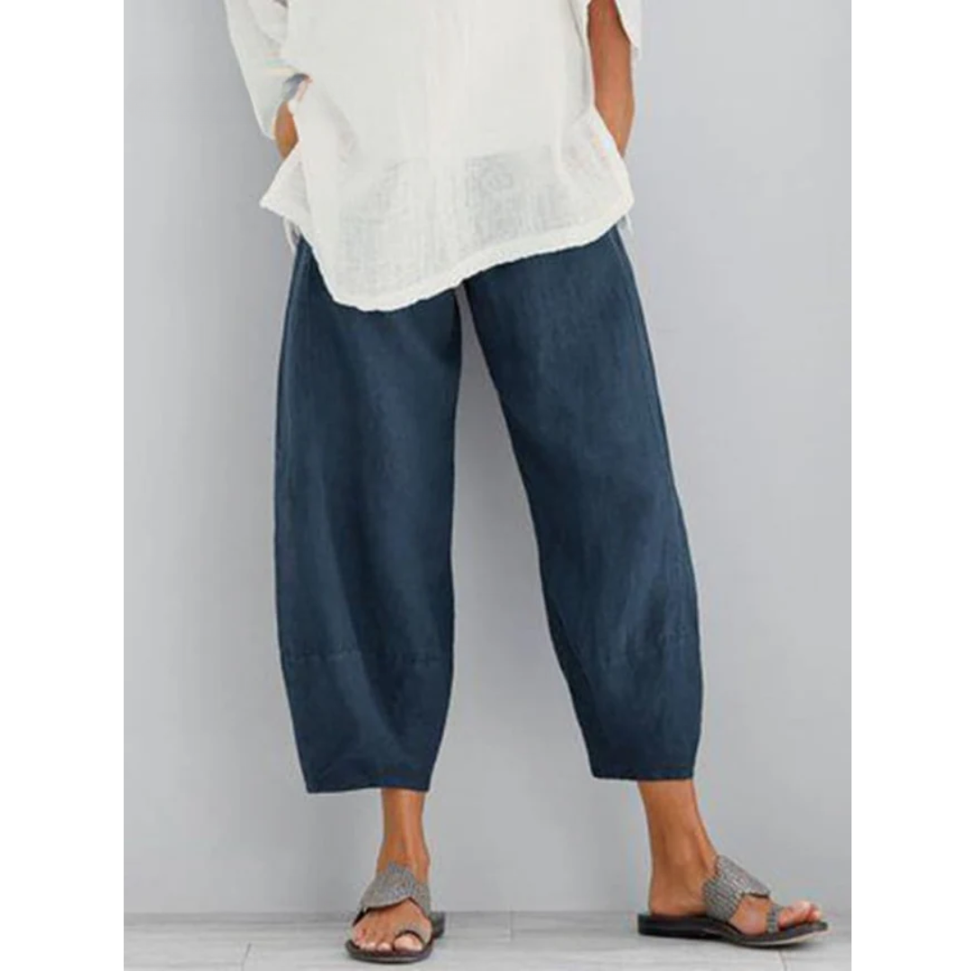 Women's leisure pants in cotton linen blend, relaxed casual fit, available in Khaki, Black and Blue
