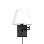 Swing arm wall lamp plug-in with linen shade and black iron frame, 1-light
