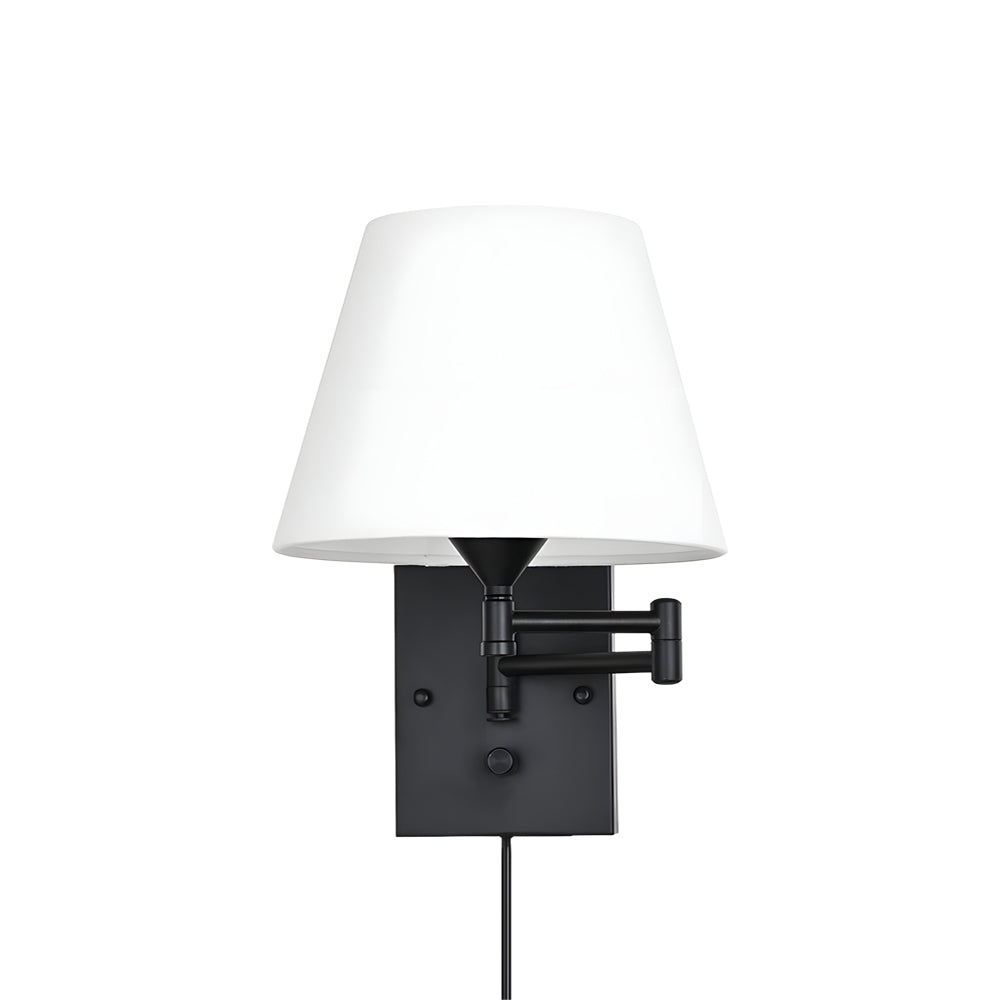 Swing arm wall lamp plug-in with linen shade and black iron frame, 1-light