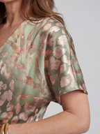 Women abstract print V neck twist waist midi dress short sleeves green