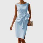 Women sleeveless midi dress with sculpted side bow and asymmetrical drape