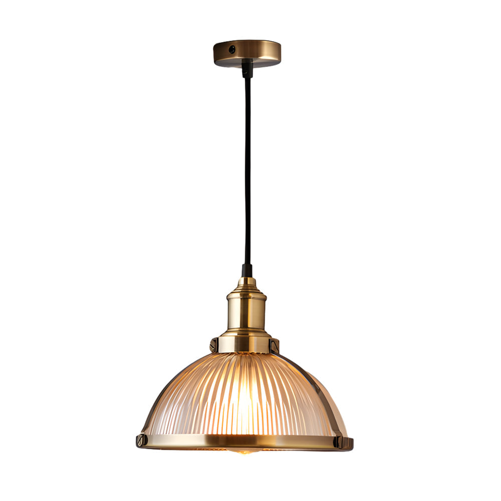 Retro pendant lamp with striped glass shade in chrome and bronze, 1-light hardwired ceiling fixture