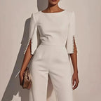 Women's wide leg jumpsuit with pearl split sleeve detail, relaxed fit in white pink black