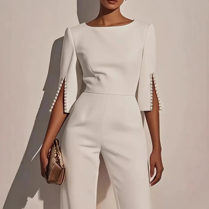 Women's wide leg jumpsuit with pearl split sleeve detail, relaxed fit in white pink black