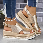 Women platform sandals open toe with adjustable straps in gold and silver