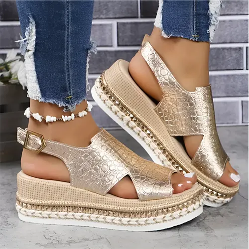 Women platform sandals open toe with adjustable straps in gold and silver