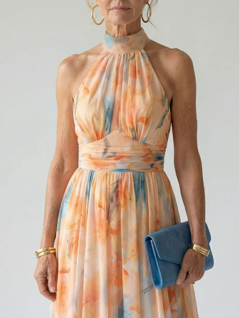 Women halter midi dress with gathered neckline and defined waist sleeveless