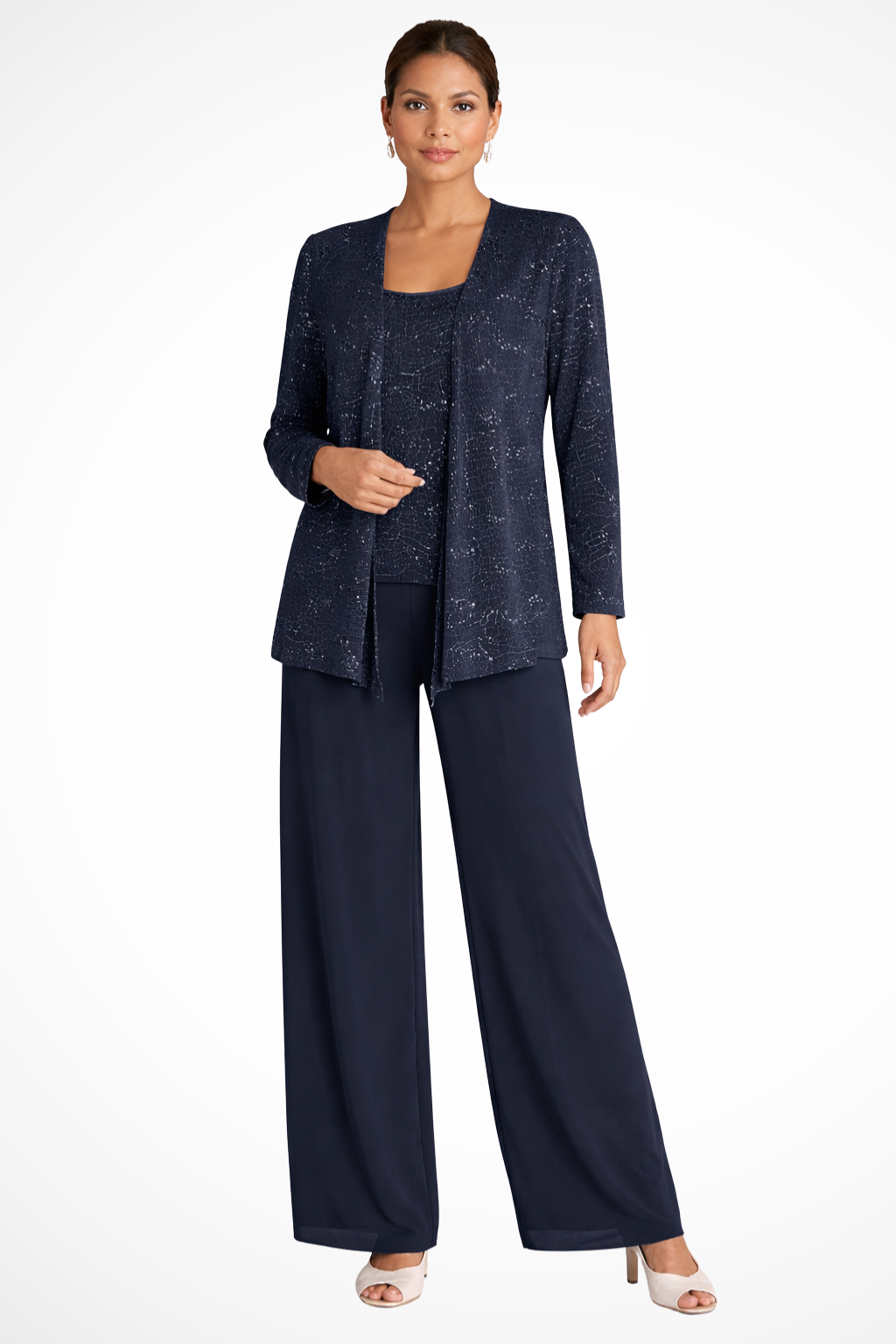 Women's evening three-piece set with wide-leg trousers and open-front jacket, XS–2XL
