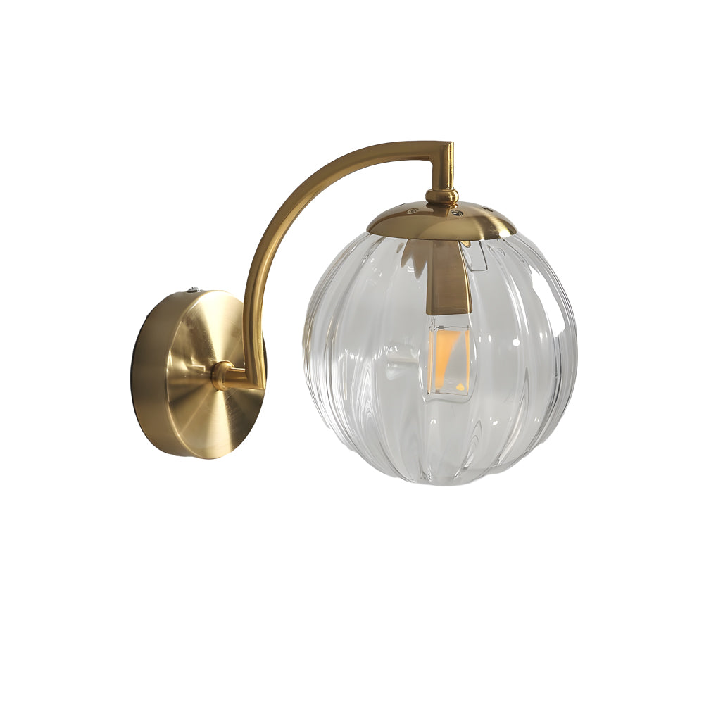Wall lamp curved arm spherical ribbed glass shade gold finish modern indoor