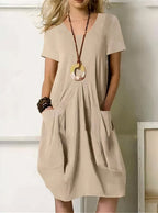 Women casual A-line knee length dress with pockets round neck