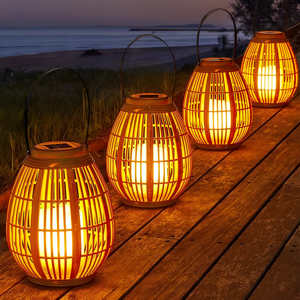 Solar lantern outdoor portable waterproof warm white LED wood-look bamboo design