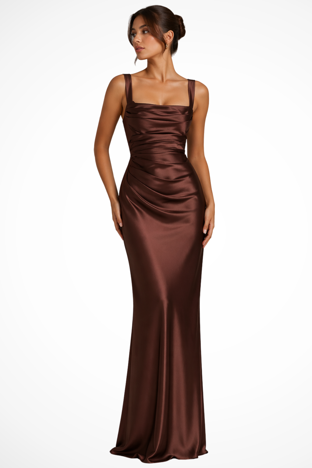 Women's satin maxi dress with square neck and ruched bodice, floor-length wedding guest dress