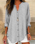 Women loose fit long sleeve striped button-up blouse with V-neck