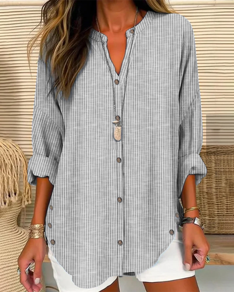 Women loose fit long sleeve striped button-up blouse with V-neck