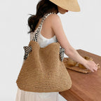 Women woven shoulder bag casual shopper in brown and beige