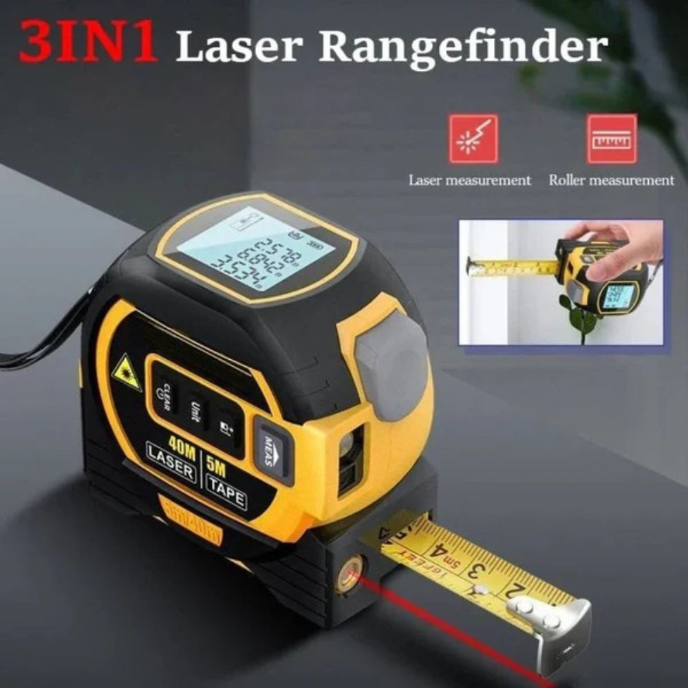 Laser tape measure 3-in-1 infrared rangefinder with LCD display, yellow and blue