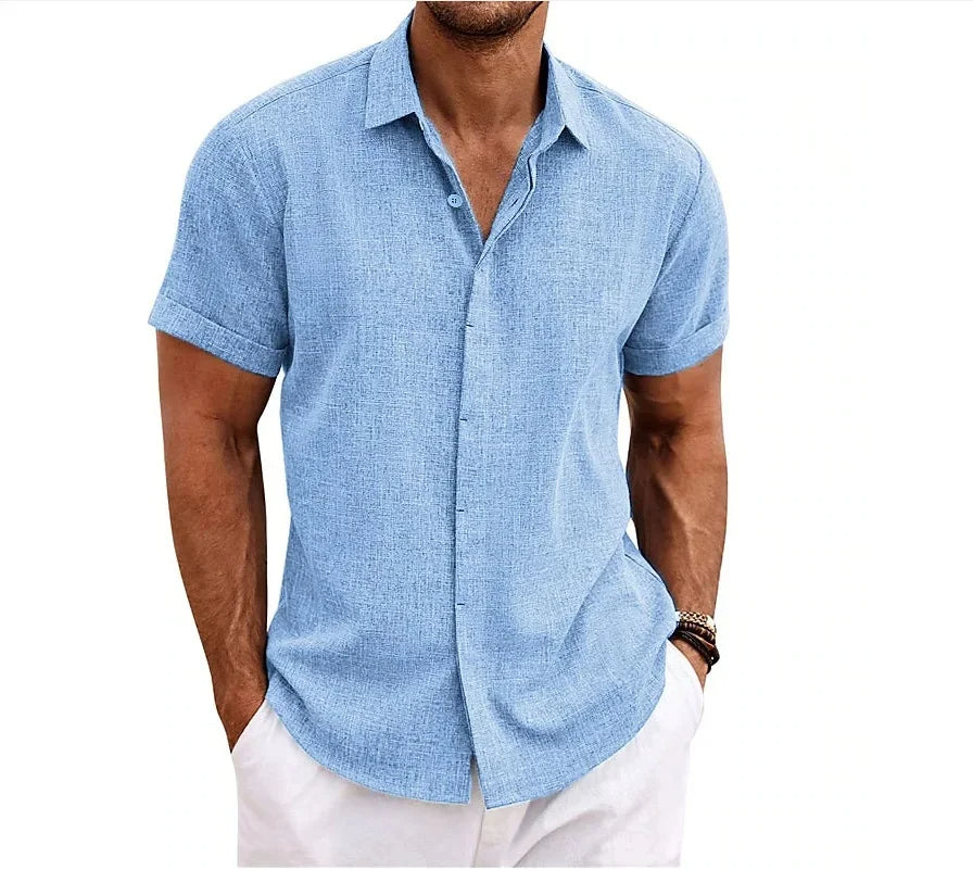 Men's linen shirt short sleeve double button placket lightweight summer