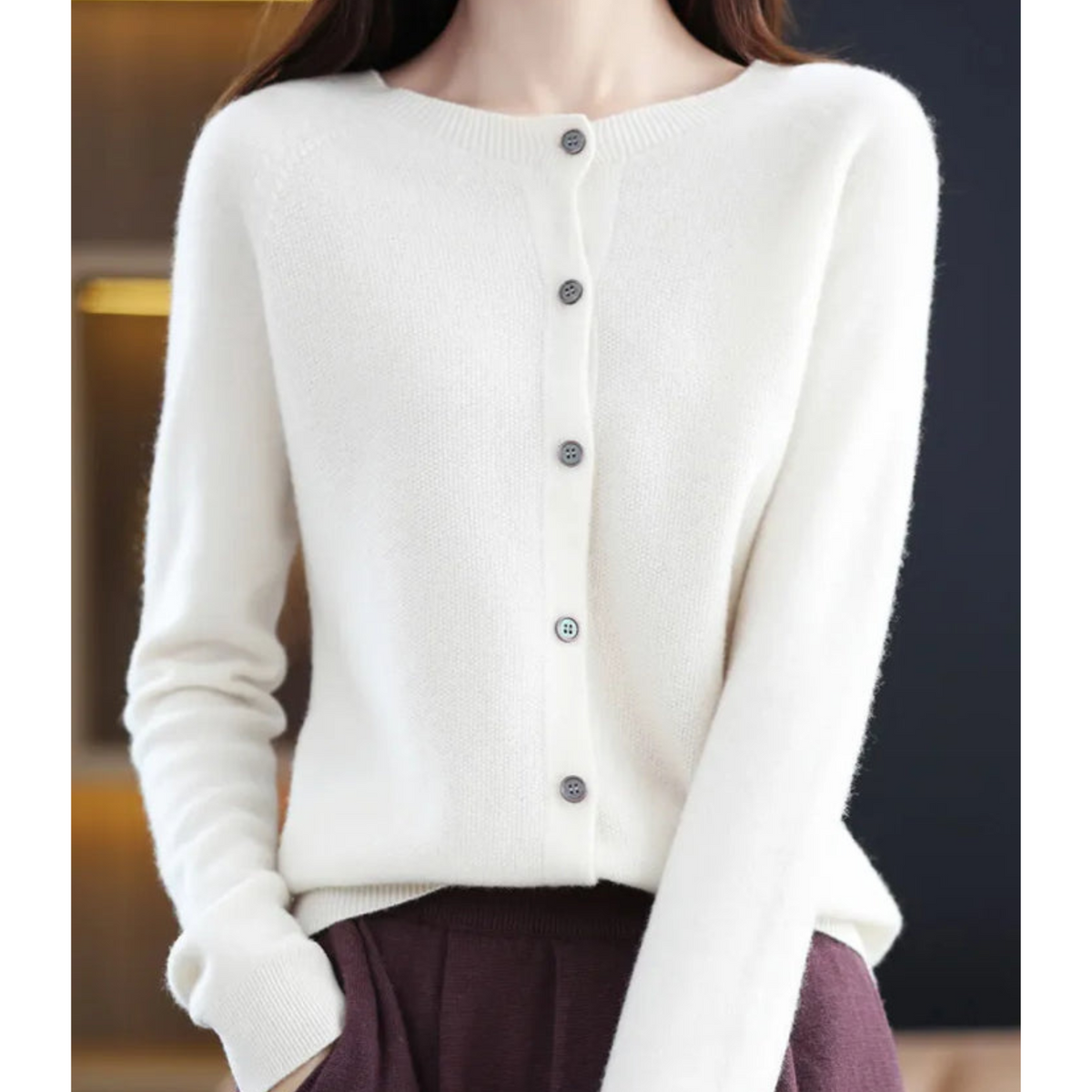 Women's merino wool sweater round neck with button placket slim fit