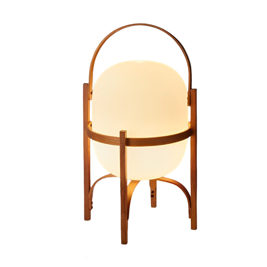 Lantern table lamp with glass shade and wooden base, portable wood and walnut finish