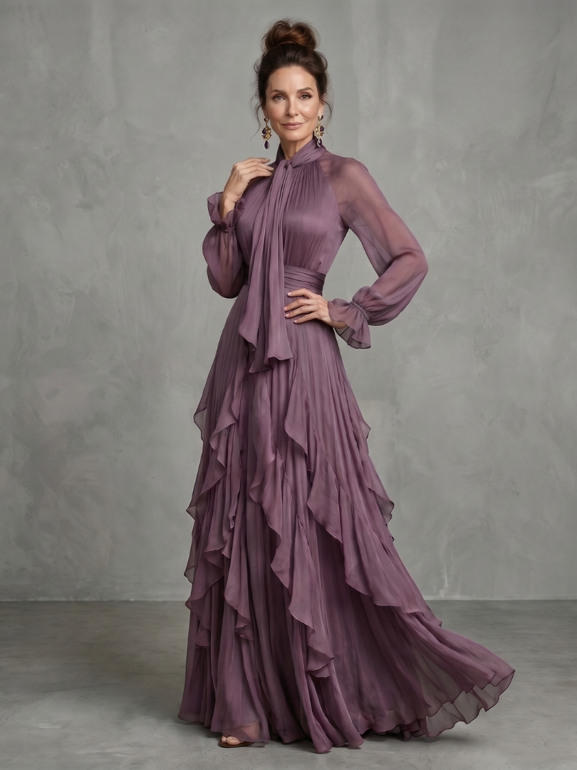 Women tie neck ruffle tiered maxi dress long sleeve purple flowing