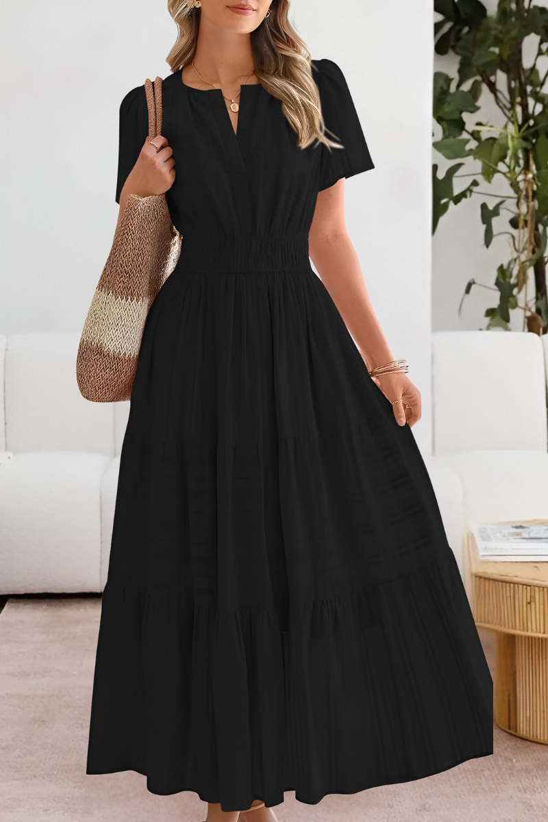 Women smocked midi dress short sleeve boho flowing skirt