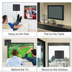 Indoor HDTV antenna with 300-mile range and signal booster, slim black design