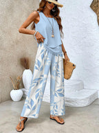 Women 2 piece set sleeveless top and wide leg leaf print pants