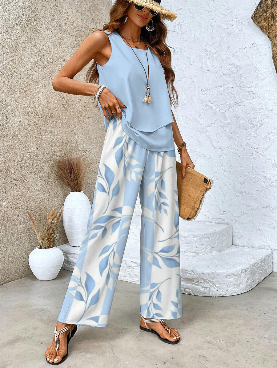 Women 2 piece set sleeveless top and wide leg leaf print pants