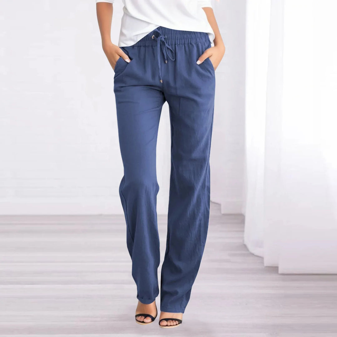 Women cotton linen trousers relaxed fit with elastic waist