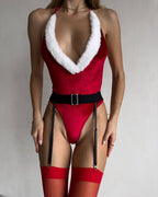 Women red velvet bodysuit with faux-fur V neckline and garter belt holiday festive