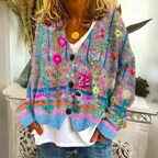 Women's boho cardigan multicolor floral embroidery oversized knit