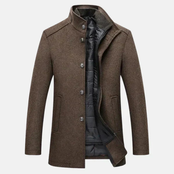 Men's wool coat with stand collar and quilted lining, autumn winter outerwear