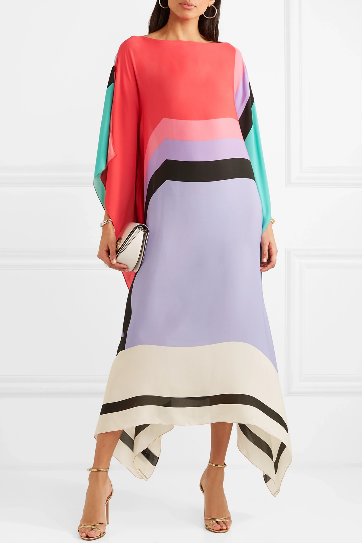 Women geometric print kaftan maxi dress with batwing sleeves and asymmetric hem