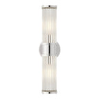 Modern wall lamp with cylindrical ribbed clear glass shade in chrome or gold finish