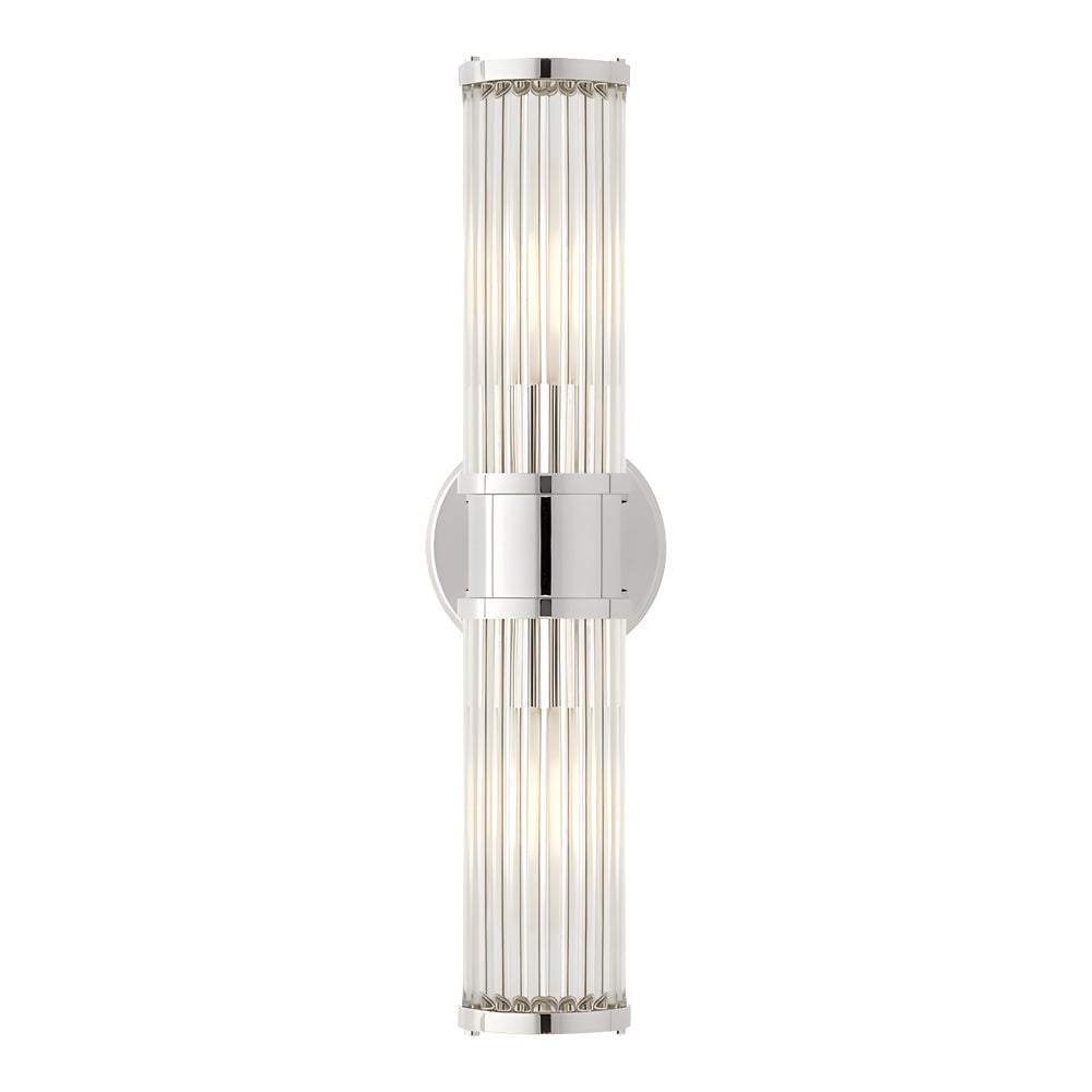 Modern wall lamp with cylindrical ribbed clear glass shade in chrome or gold finish