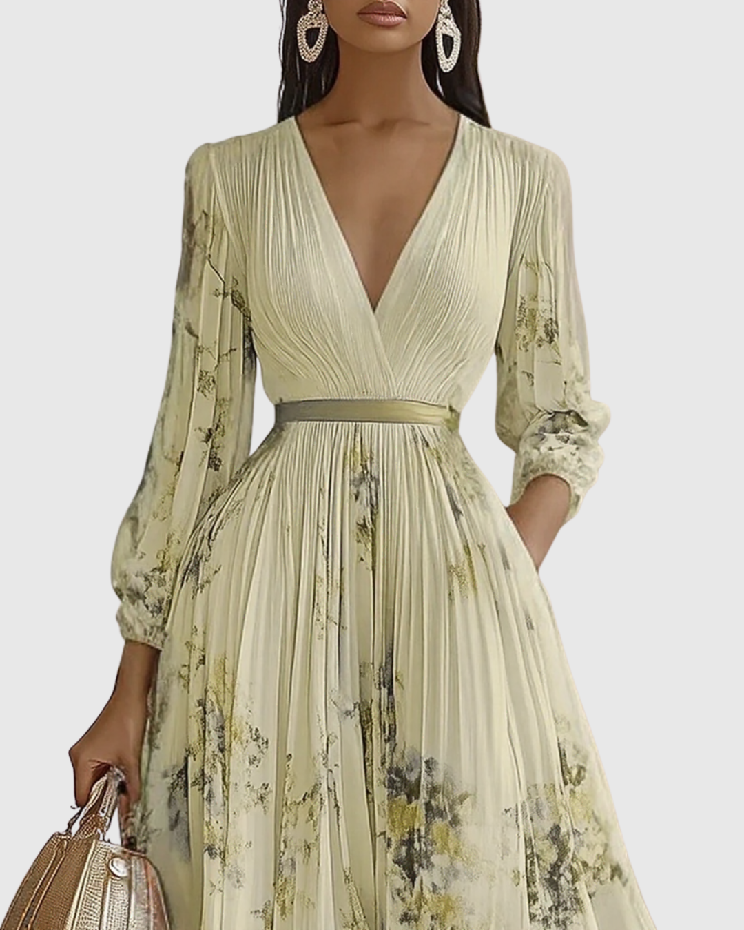 Pleated maxi dress V-neck long sleeve with ribbon-tie waist and floral pattern