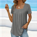 Women's blouse square neck short sleeve with pleated detail, lightweight summer top