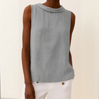 Women linen cotton sleeveless longline top with pleated collar