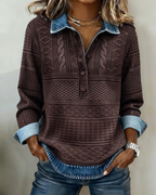 Women half button collar sweatshirt with textured knit panels and denim-effect cuffs
