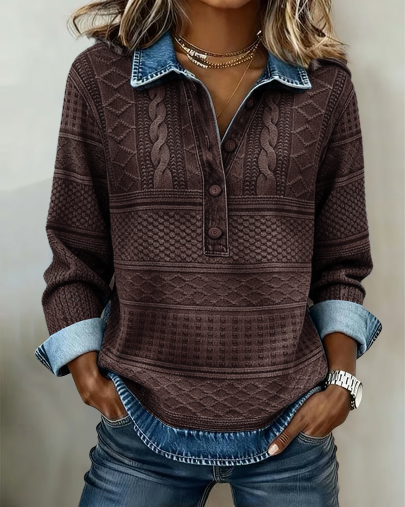 Women half button collar sweatshirt with textured knit panels and denim-effect cuffs
